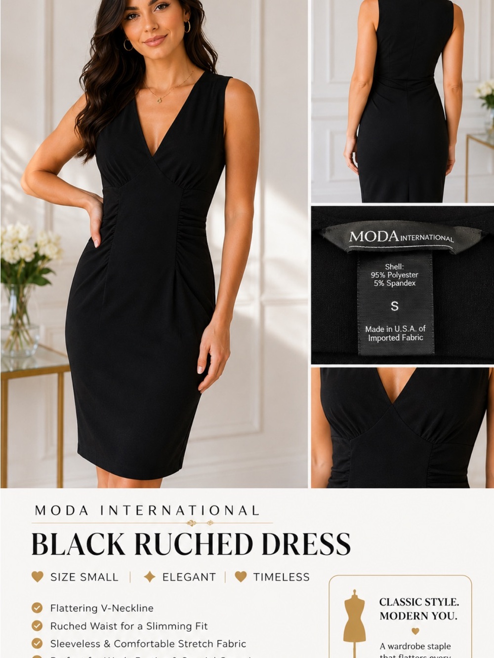 Moda International Black V-Neck Ruched Sheath Dress
